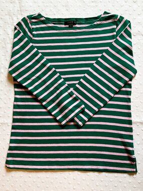 J Crew Women’s Nautical Mariner Striped Boat Neck Tee, 3/4 Sleeve, Green/Pink, S